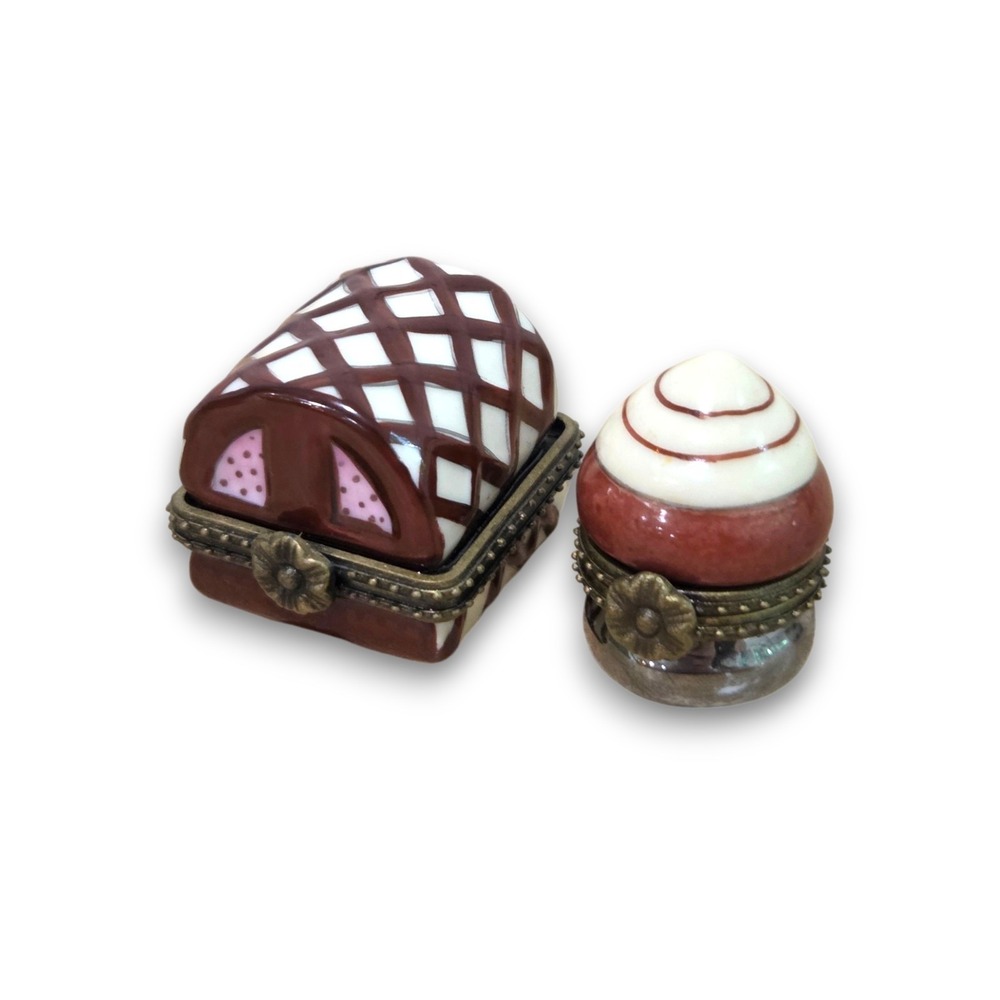 Vintage CBK Ltd Pair of Hinged Porcelain Trinket Boxes Red White 1''